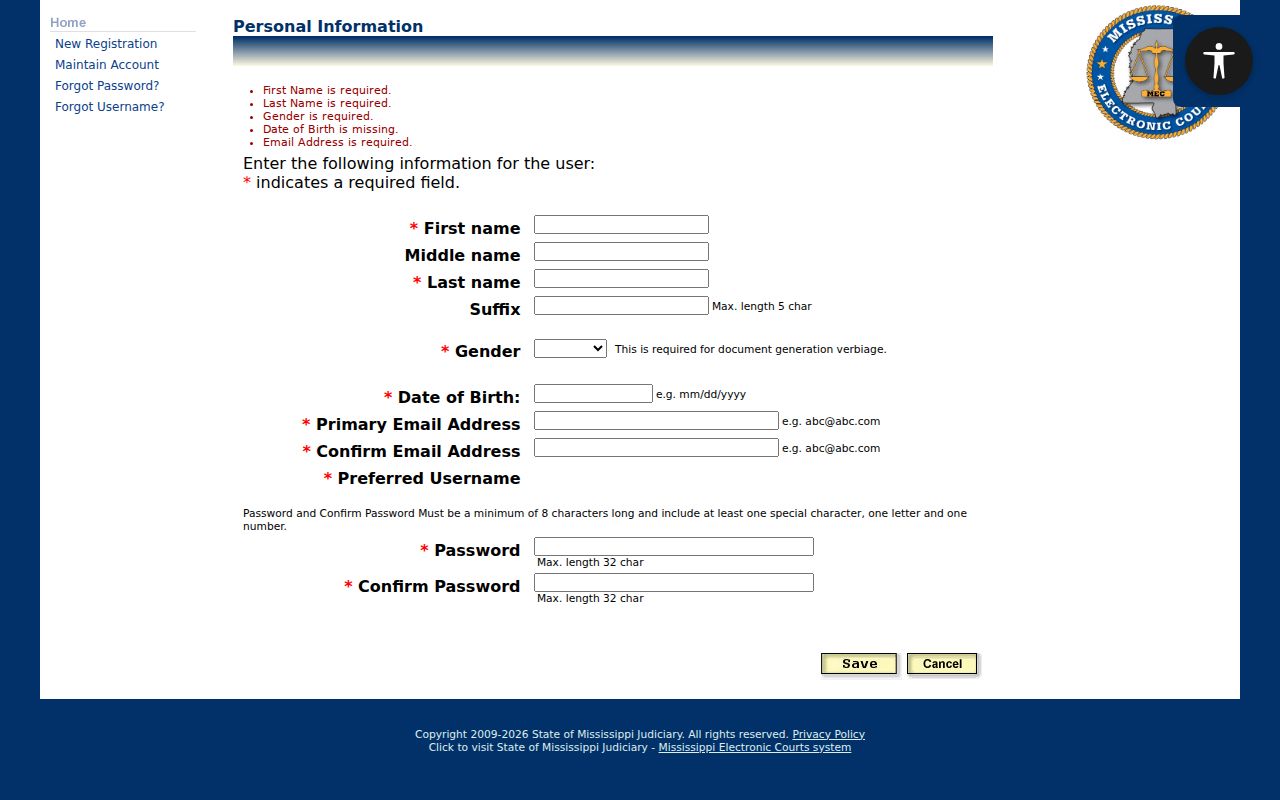 Covington County case search PAMEC personal registration fields