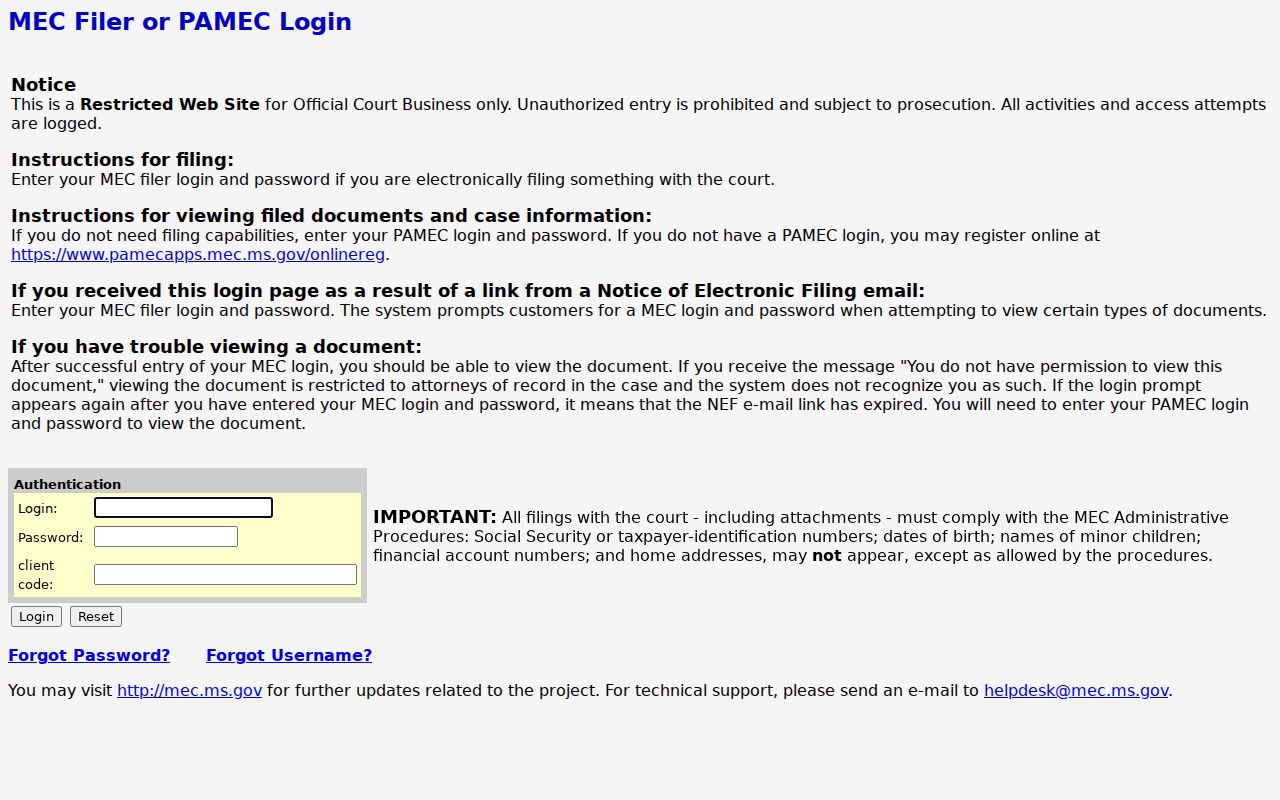 Covington civil docket authenticated Chancery MEC query access