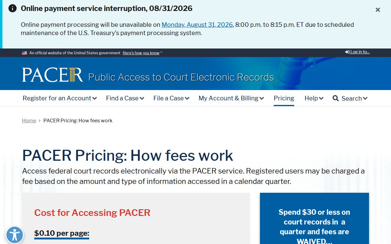 Covington civil docket PACER pricing access information