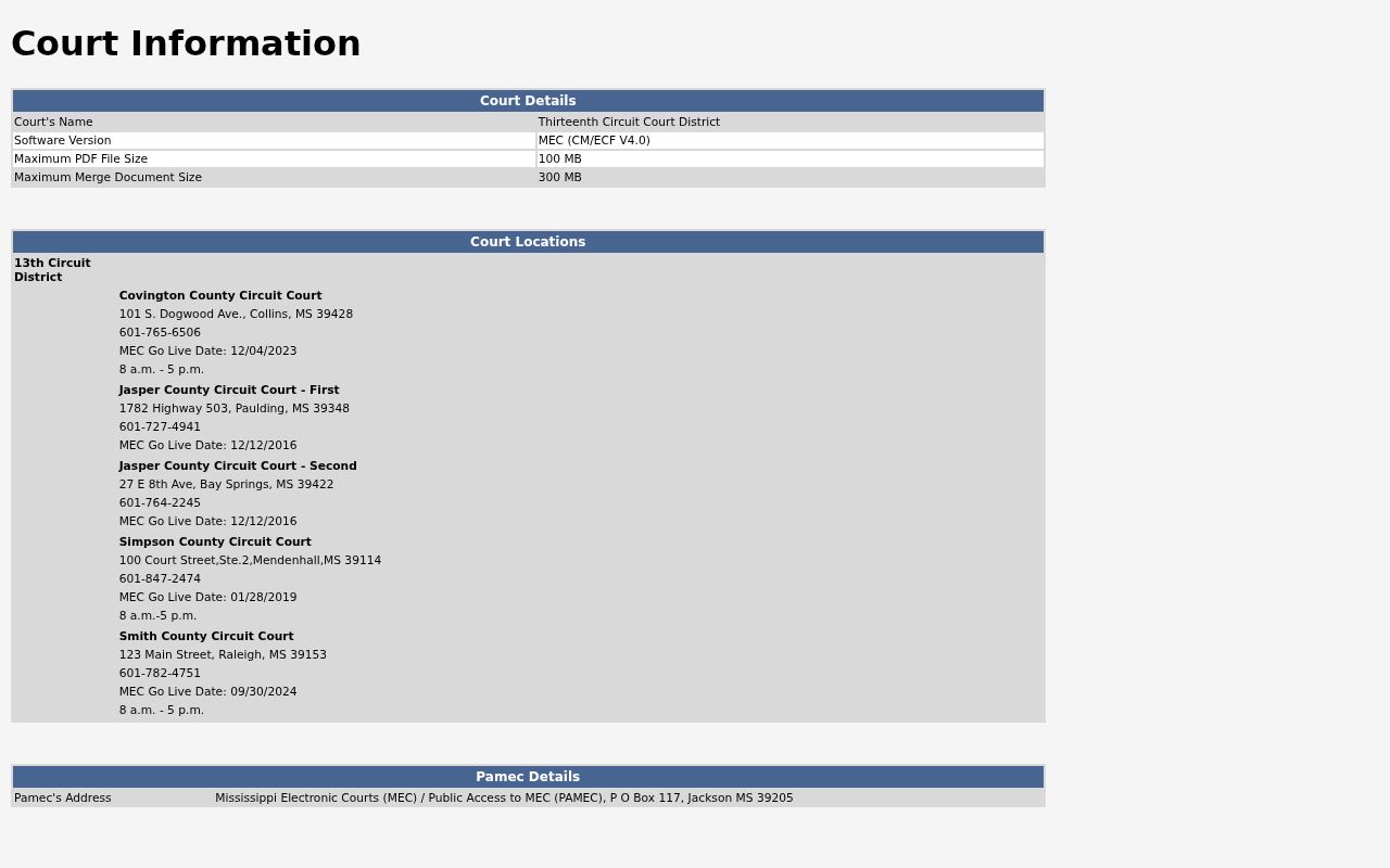 Covington criminal docket Thirteenth Circuit MEC court information