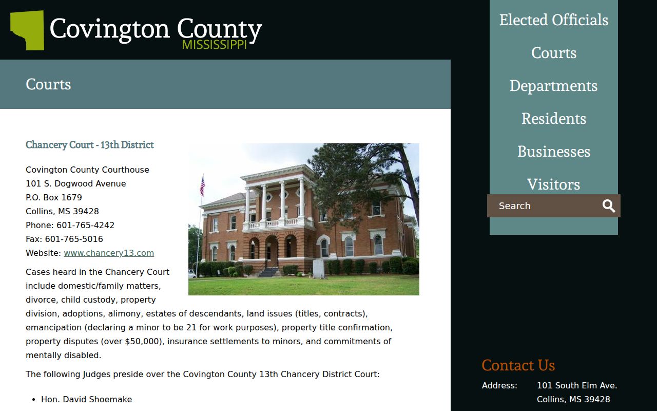Covington County court docket court directory for Circuit Chancery and Justice Courts